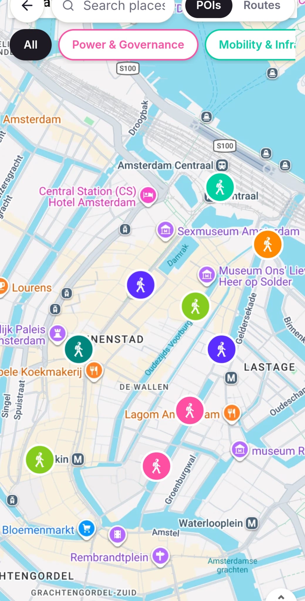 Walky Talky map screen showing Amsterdam with colored walking-tour markers and points of interest