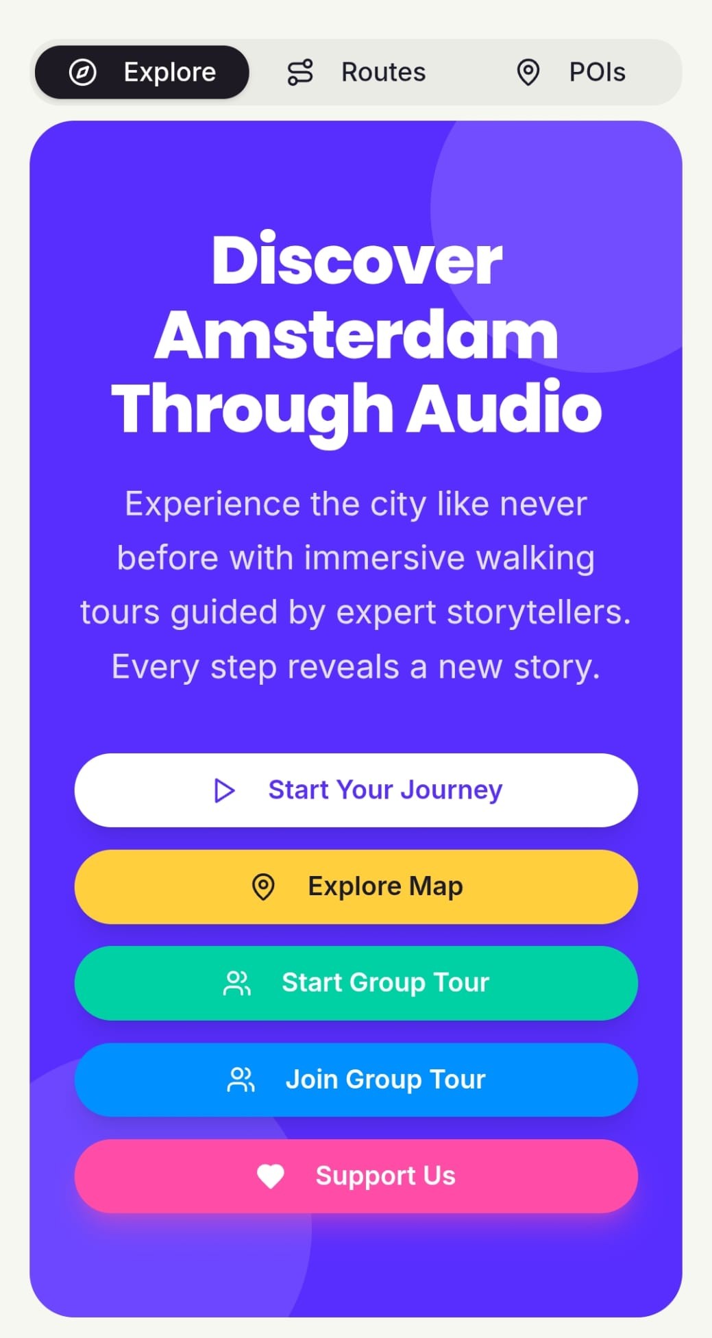 Walky Talky home screen: Discover Amsterdam Through Audio