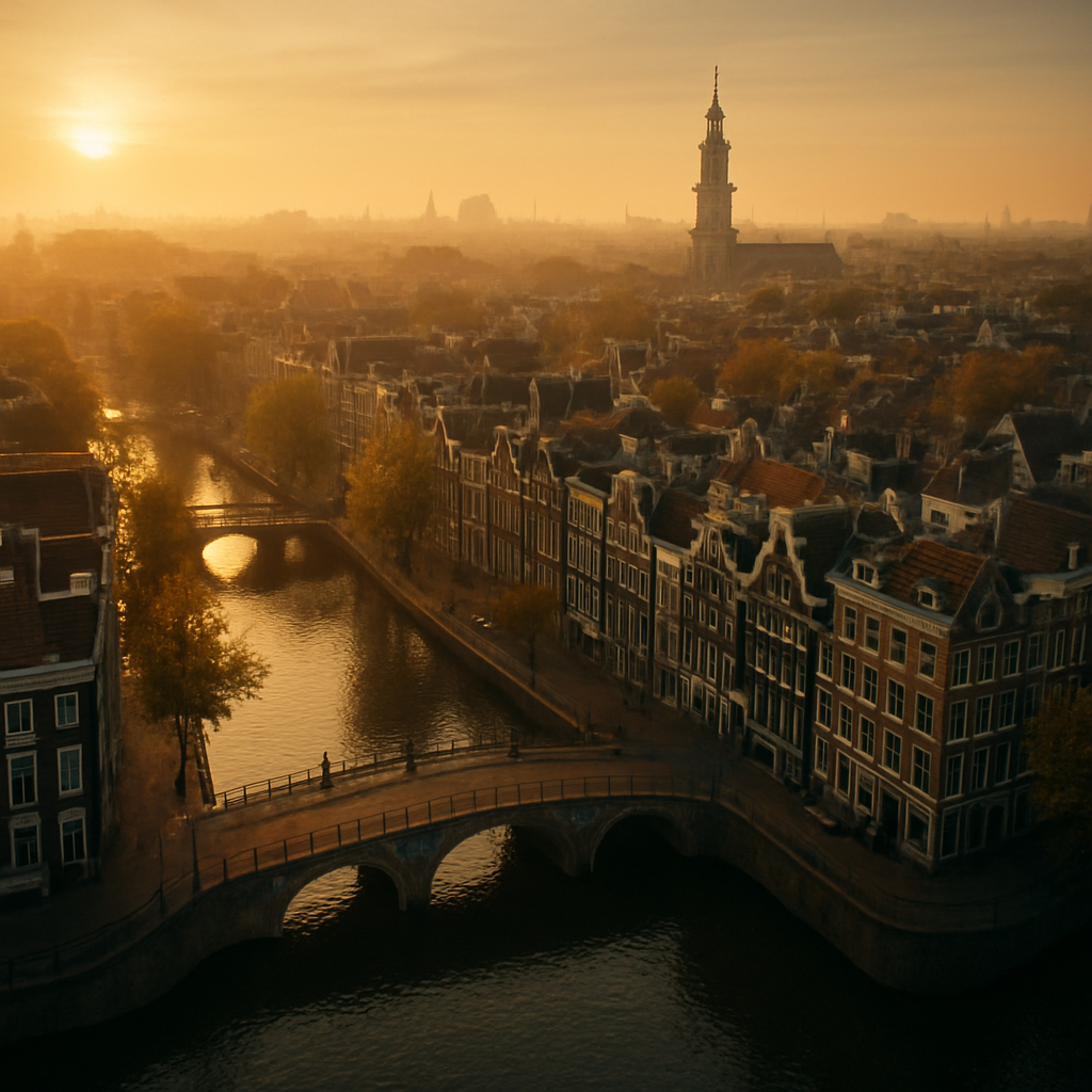Aerial view of Amsterdam canals at golden hour